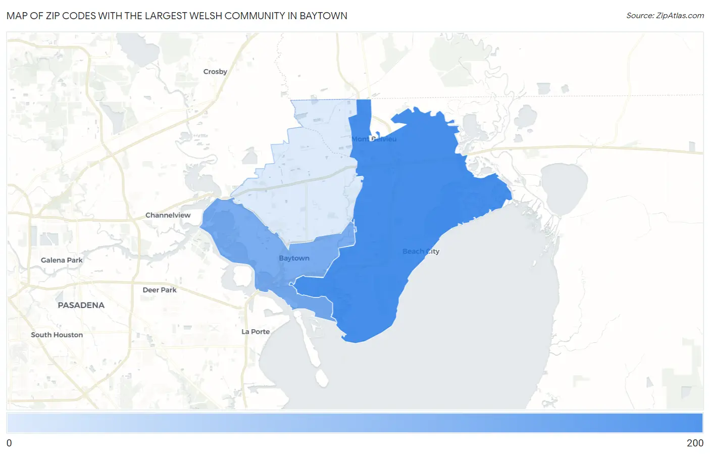 Zip Codes with the Largest Welsh Community in Baytown Map