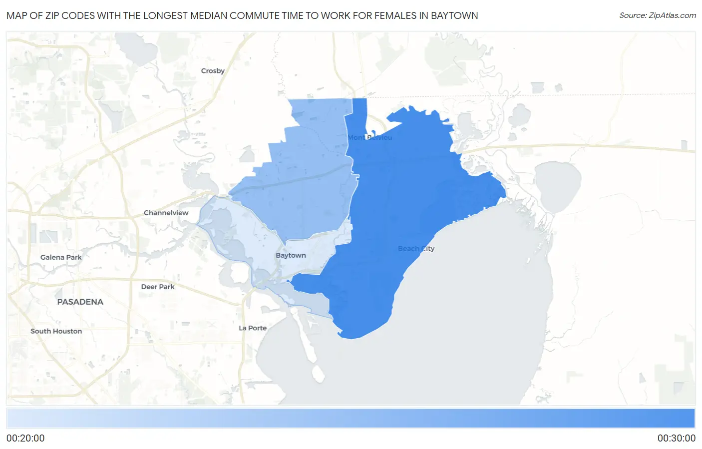 Zip Codes with the Longest Median Commute Time to Work for Females in Baytown Map