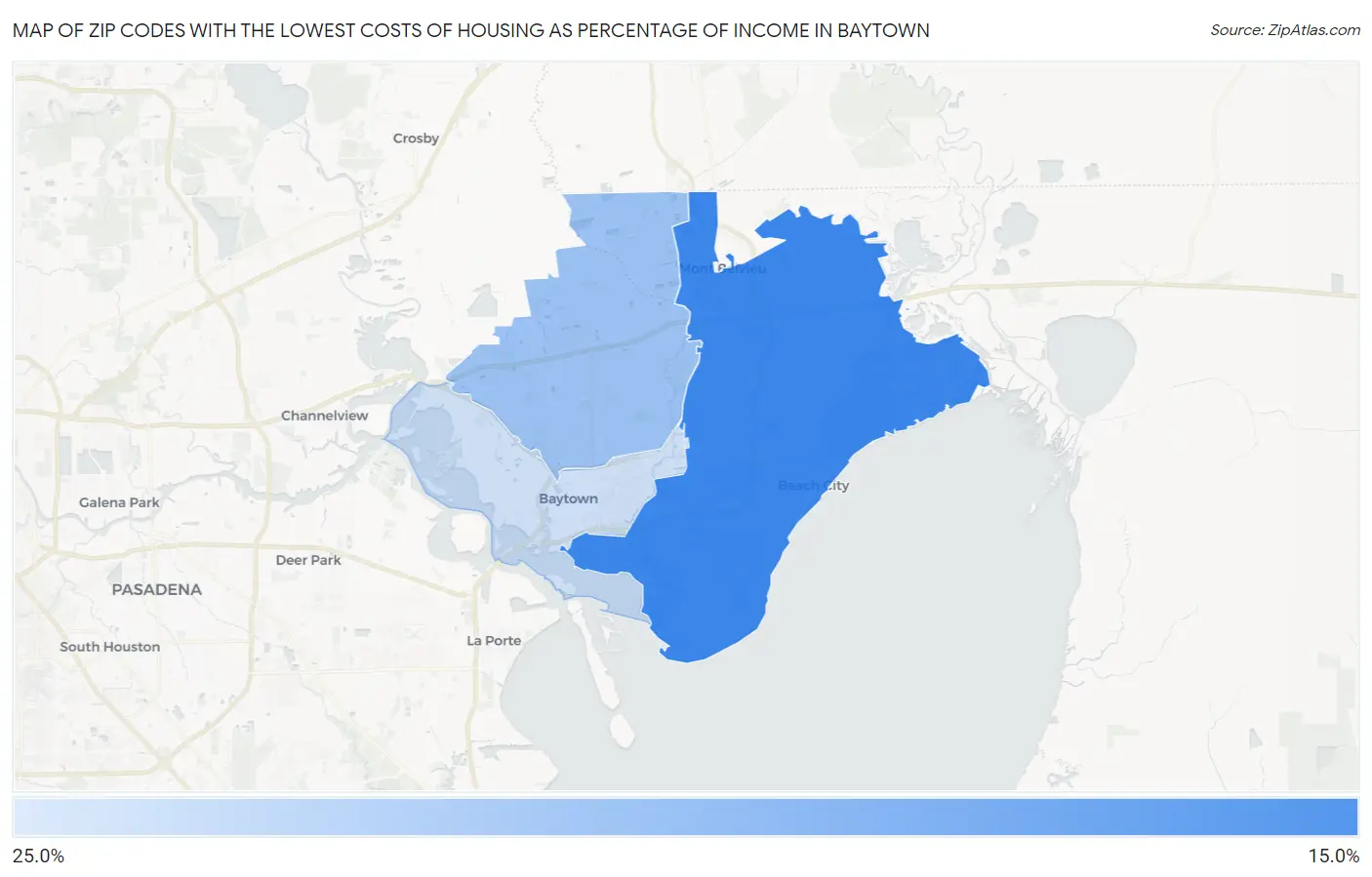 Zip Codes with the Lowest Costs of Housing as Percentage of Income in Baytown Map