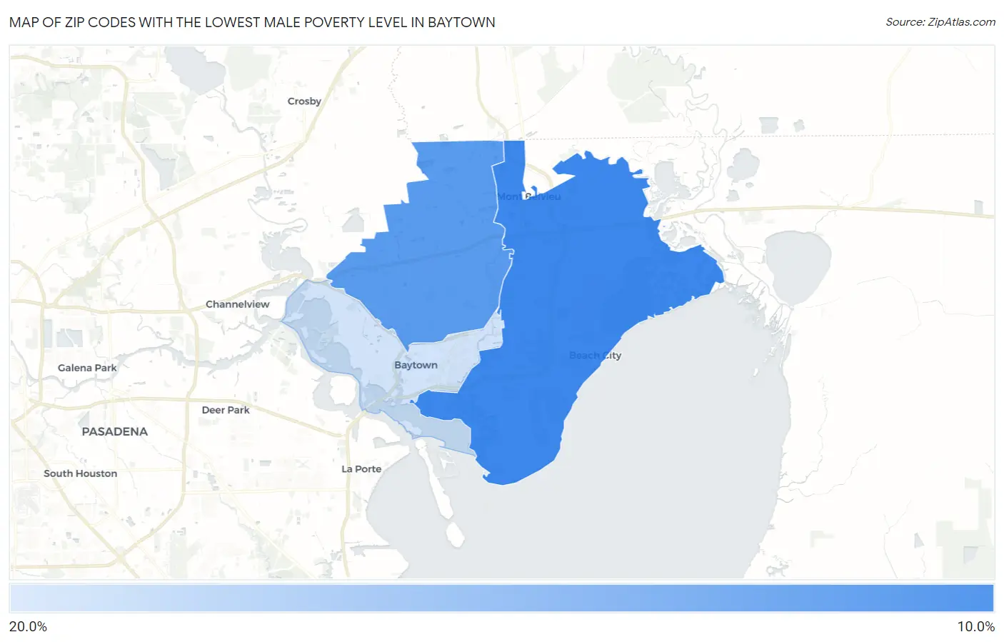 Zip Codes with the Lowest Male Poverty Level in Baytown Map