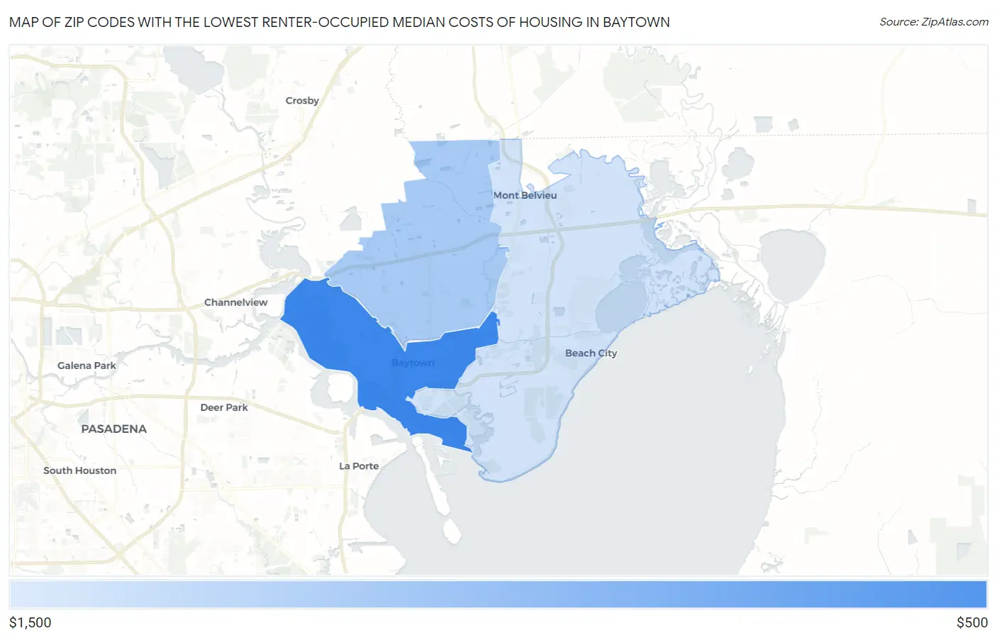 Zip Codes with the Lowest Renter-Occupied Median Costs of Housing in Baytown Map