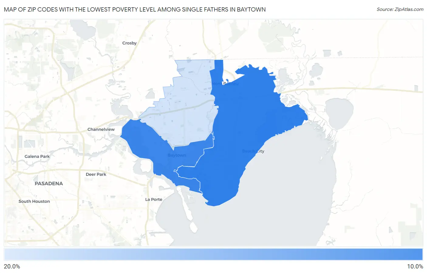 Zip Codes with the Lowest Poverty Level Among Single Fathers in Baytown Map