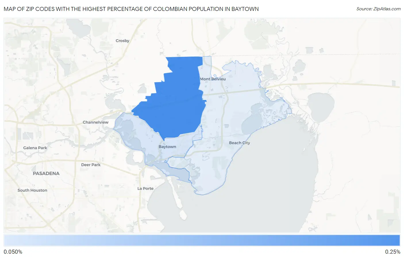 Zip Codes with the Highest Percentage of Colombian Population in Baytown Map