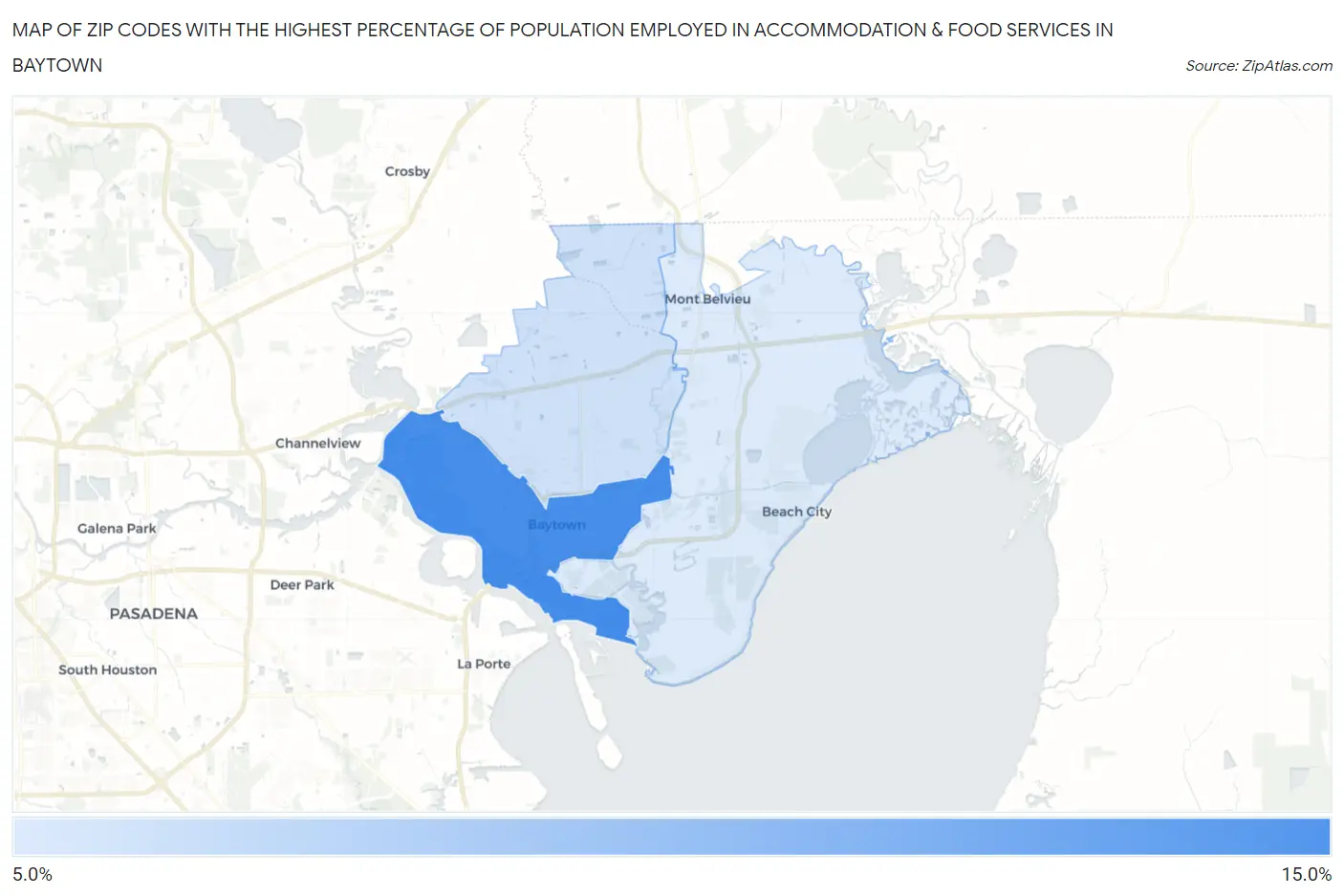 Zip Codes with the Highest Percentage of Population Employed in Accommodation & Food Services in Baytown Map