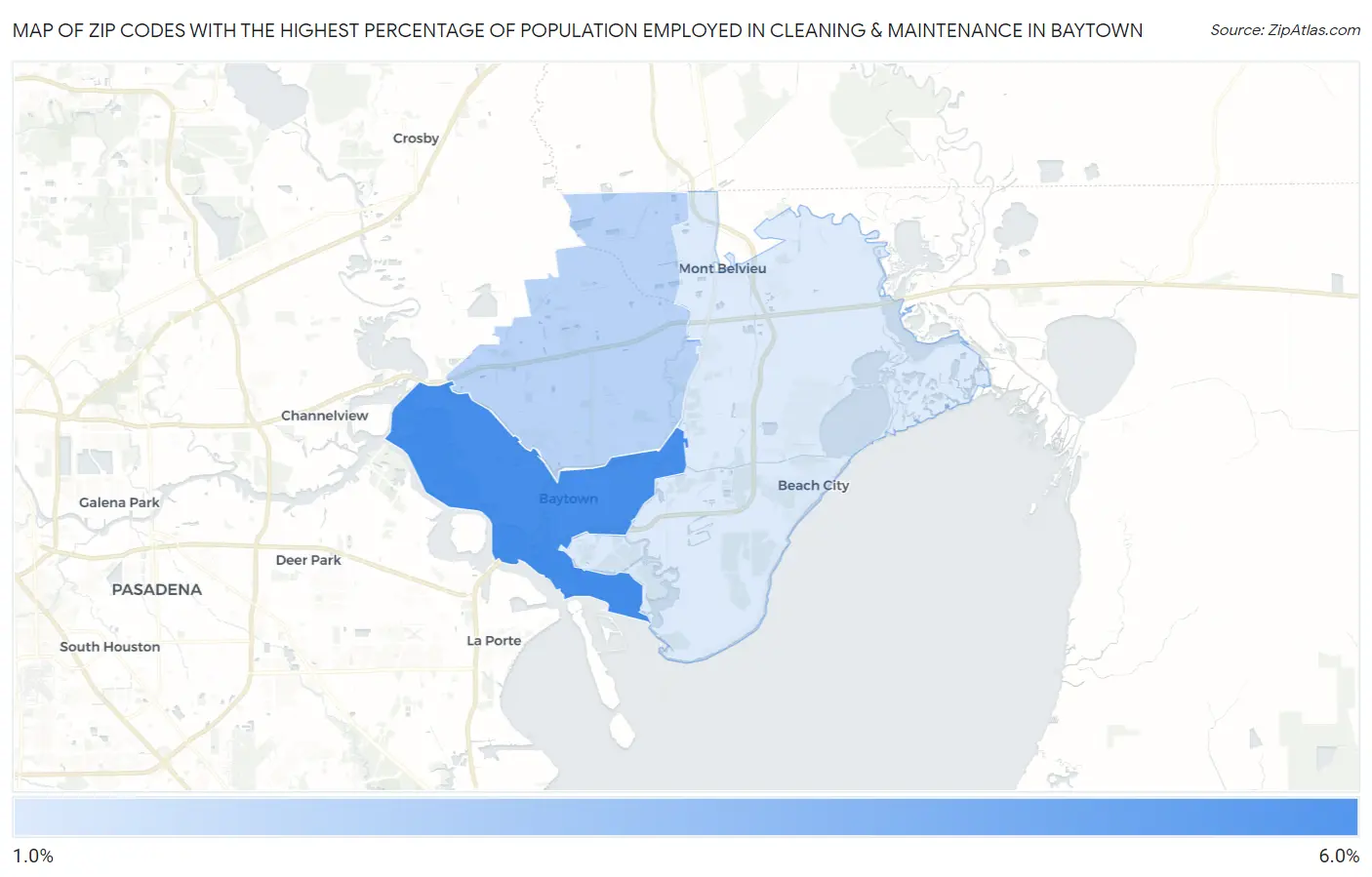 Zip Codes with the Highest Percentage of Population Employed in Cleaning & Maintenance in Baytown Map