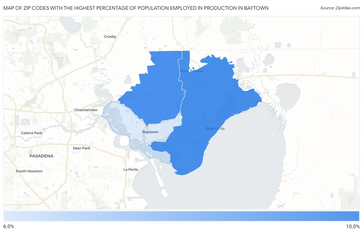 Zip Codes with the Highest Percentage of Population Employed in Production in Baytown Map