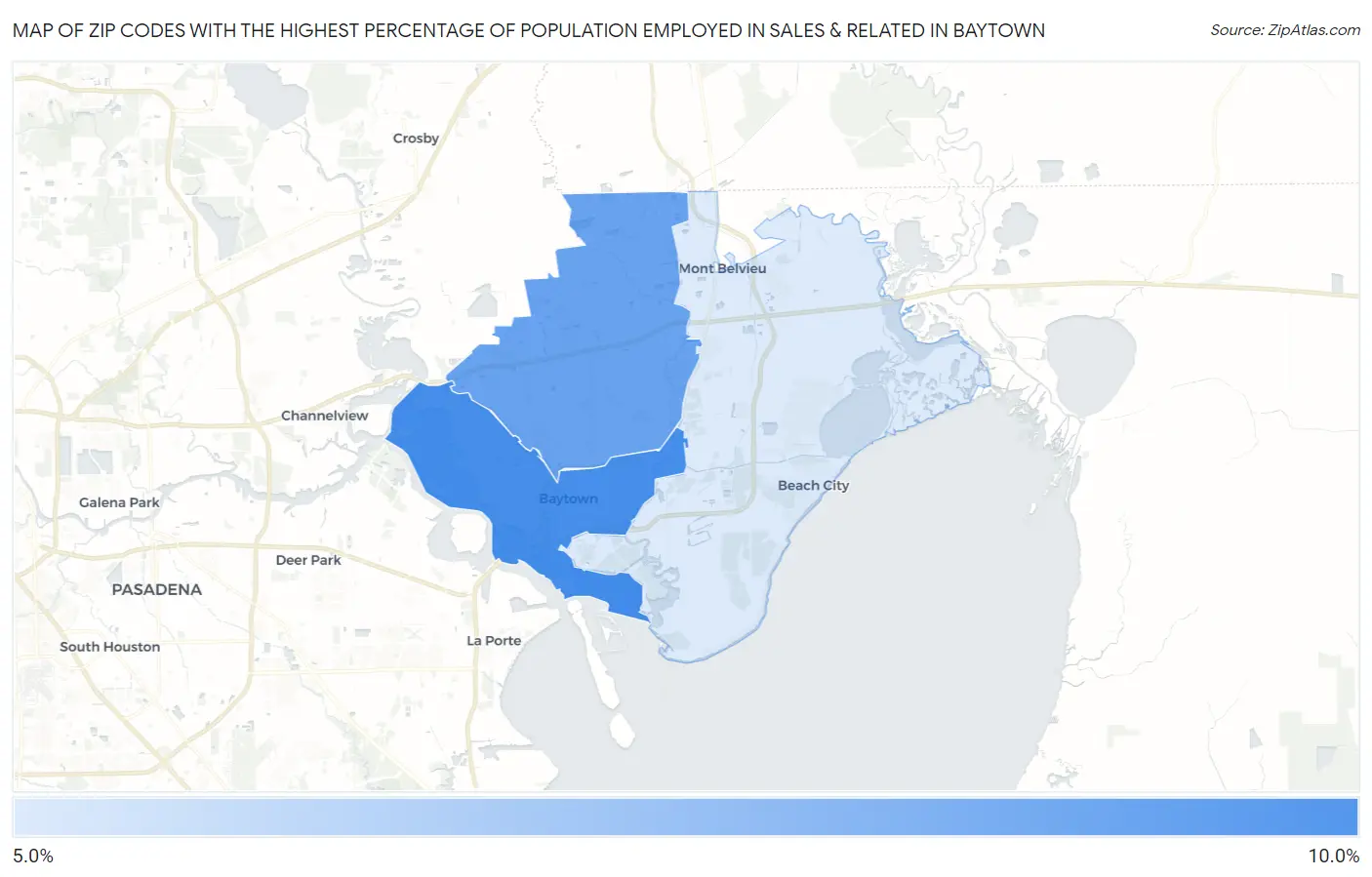 Zip Codes with the Highest Percentage of Population Employed in Sales & Related in Baytown Map