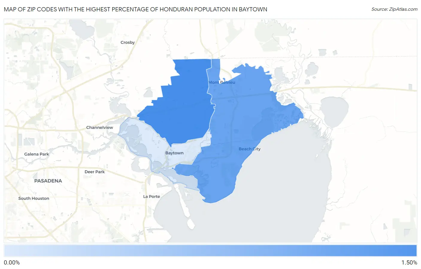 Zip Codes with the Highest Percentage of Honduran Population in Baytown Map