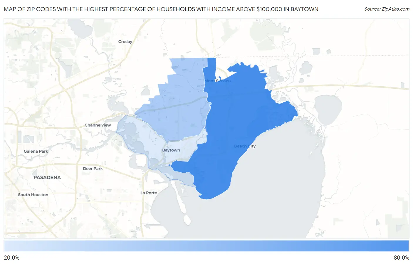 Zip Codes with the Highest Percentage of Households with Income Above $100,000 in Baytown Map