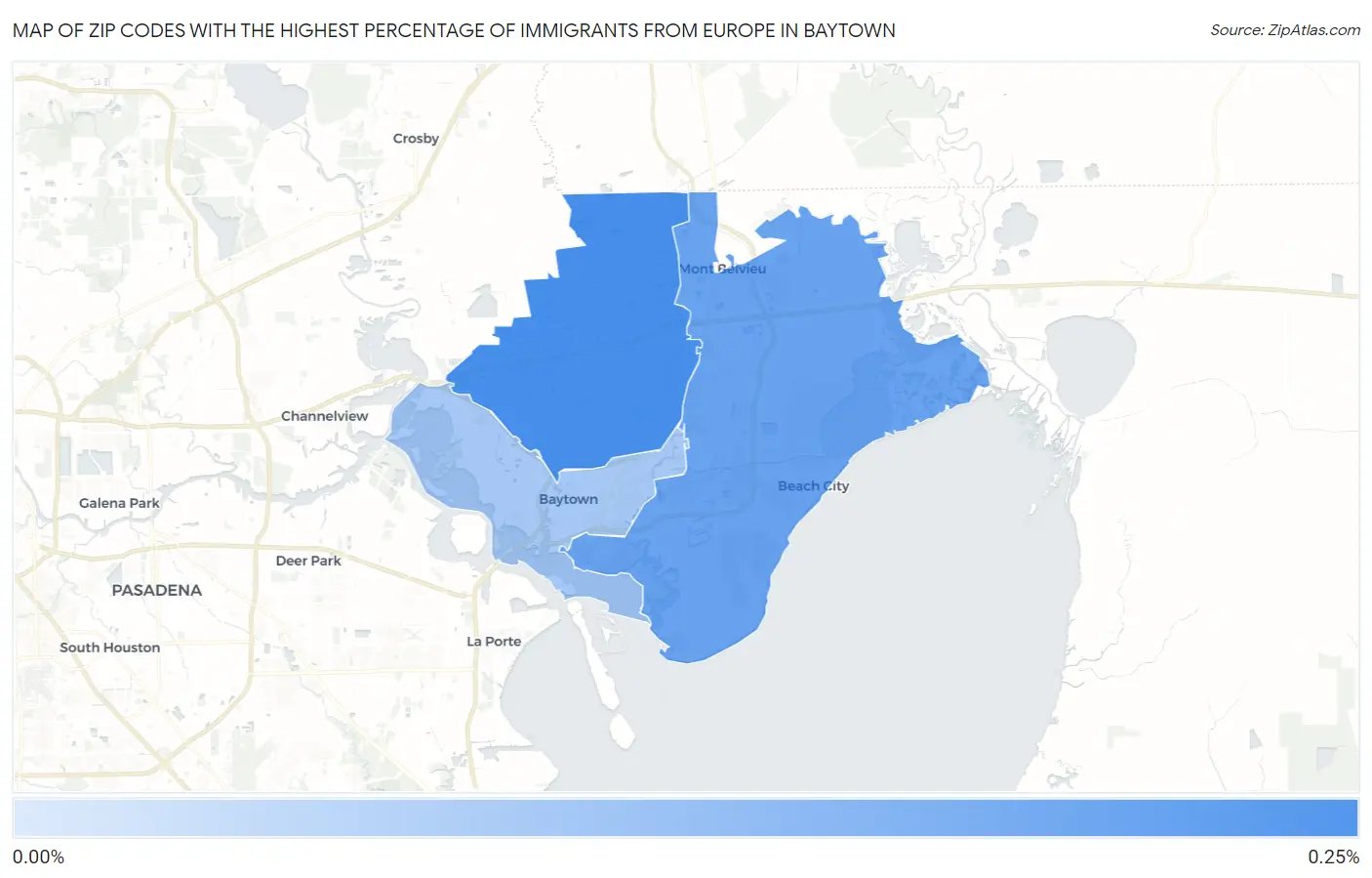Zip Codes with the Highest Percentage of Immigrants from Europe in Baytown Map