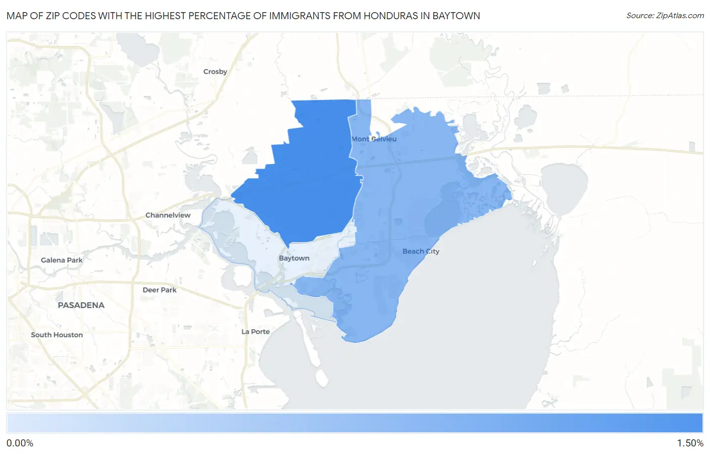 Zip Codes with the Highest Percentage of Immigrants from Honduras in Baytown Map