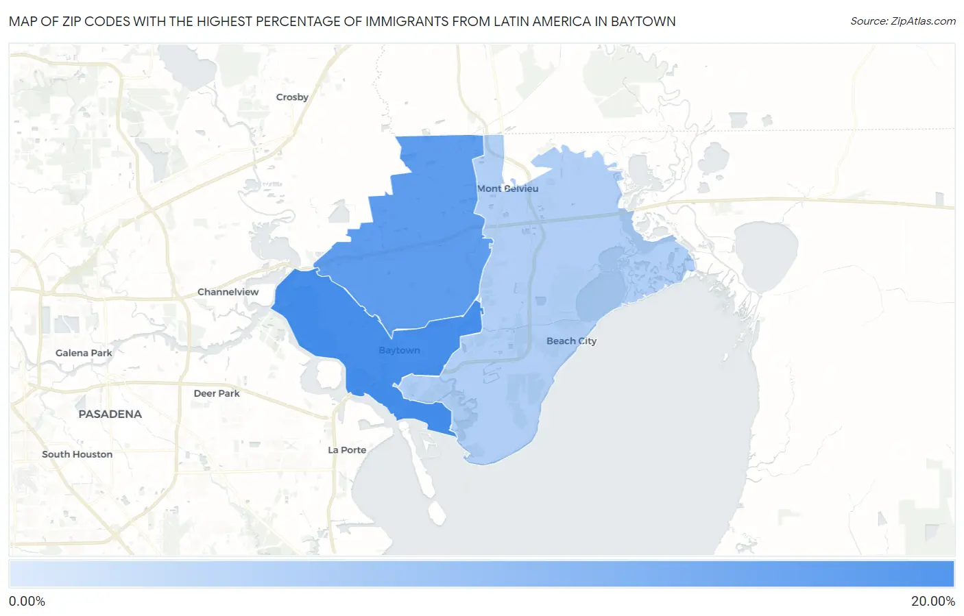 Zip Codes with the Highest Percentage of Immigrants from Latin America in Baytown Map