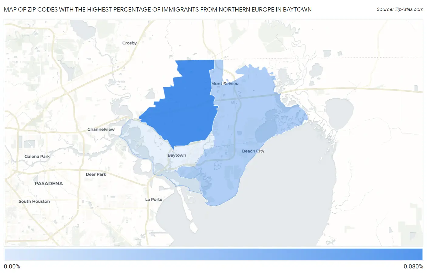 Zip Codes with the Highest Percentage of Immigrants from Northern Europe in Baytown Map