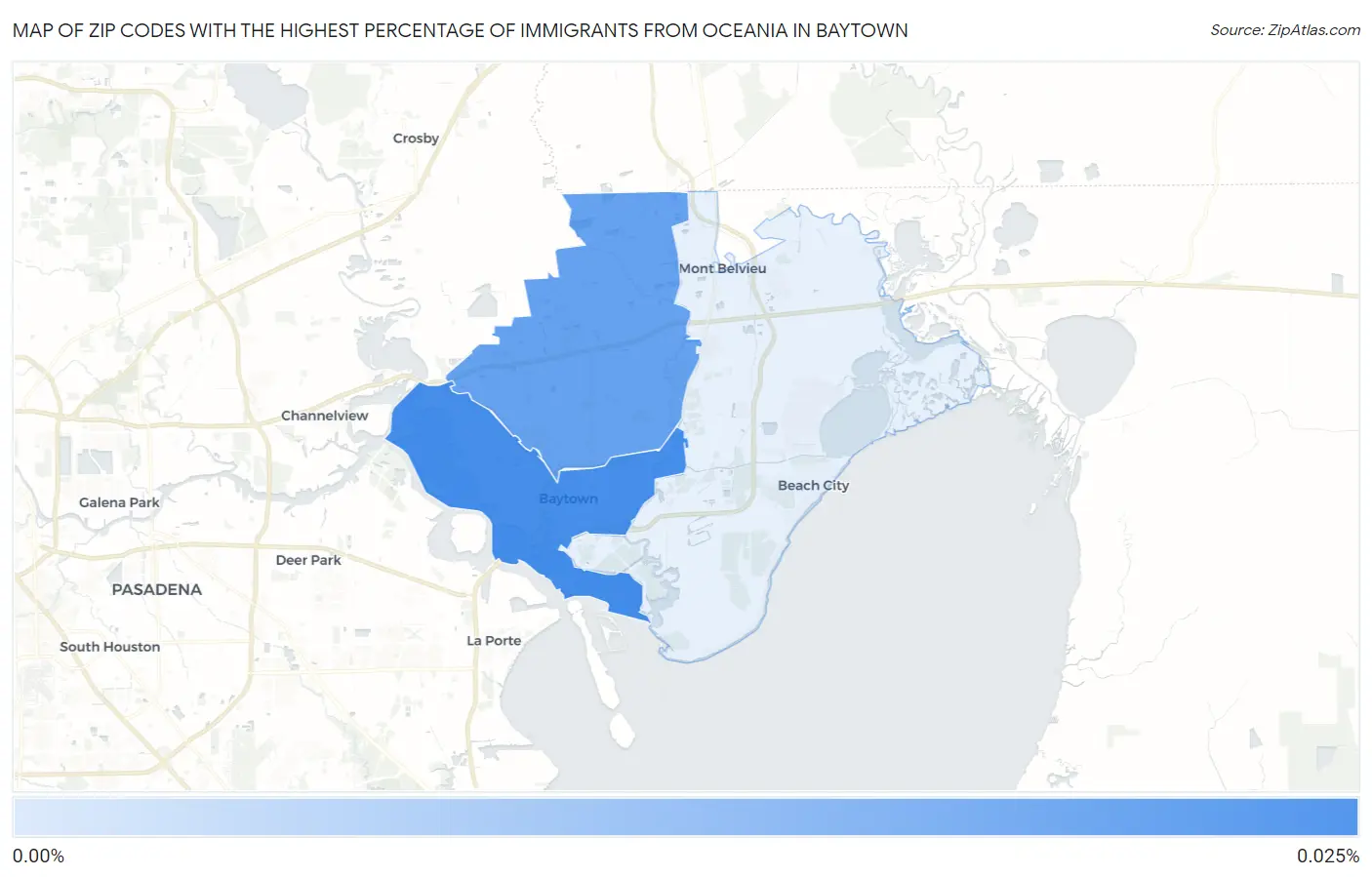 Zip Codes with the Highest Percentage of Immigrants from Oceania in Baytown Map