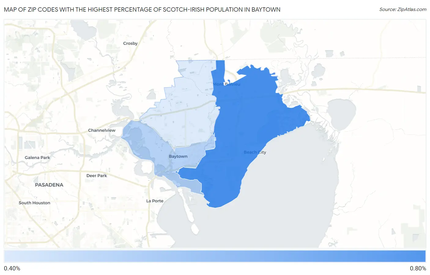 Zip Codes with the Highest Percentage of Scotch-Irish Population in Baytown Map