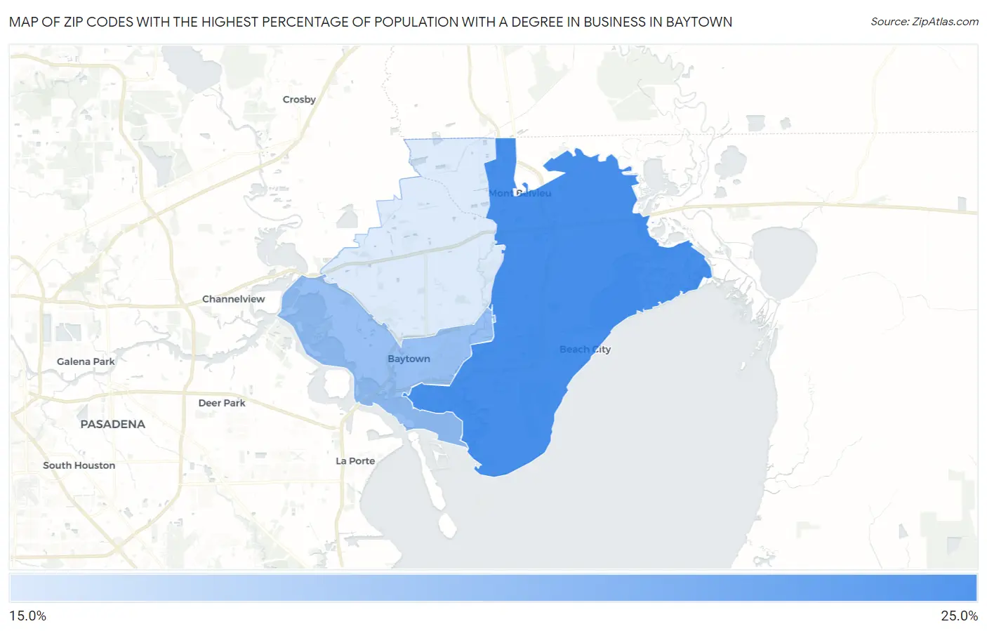 Zip Codes with the Highest Percentage of Population with a Degree in Business in Baytown Map