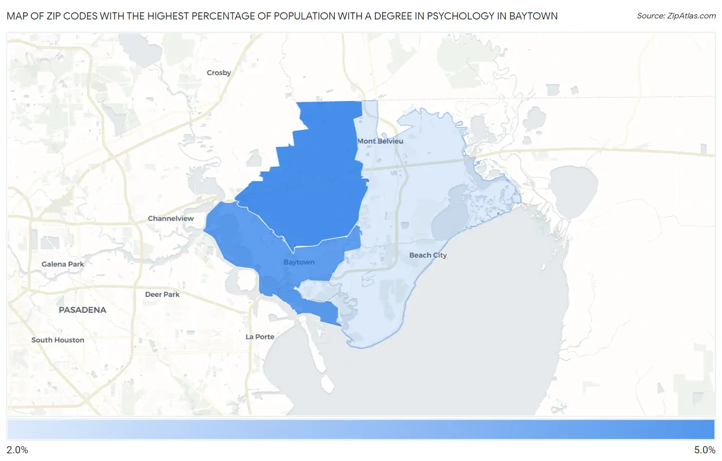 Zip Codes with the Highest Percentage of Population with a Degree in Psychology in Baytown Map