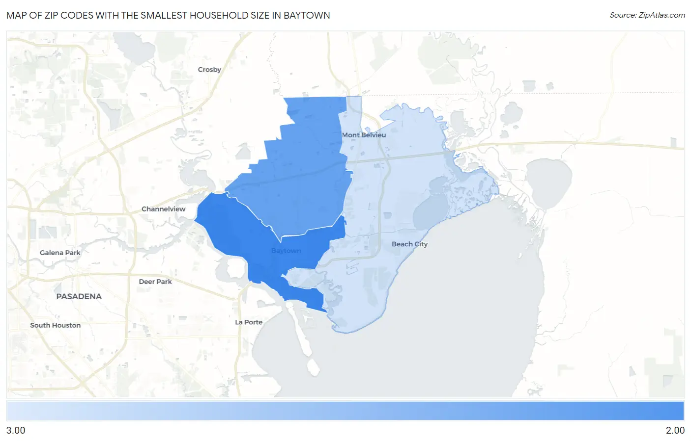 Zip Codes with the Smallest Household Size in Baytown Map