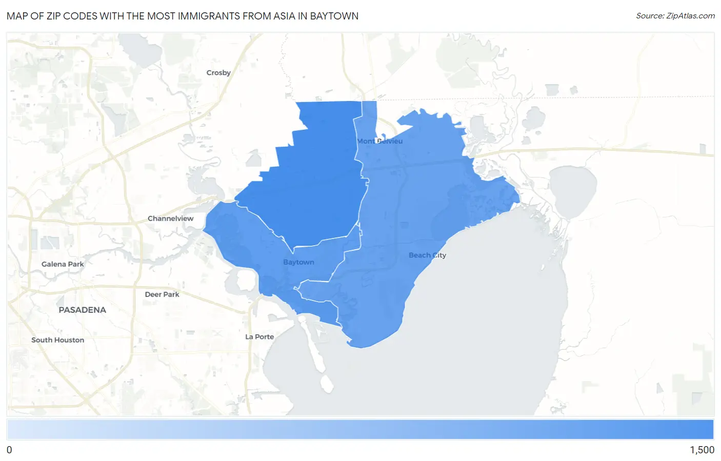 Zip Codes with the Most Immigrants from Asia in Baytown Map