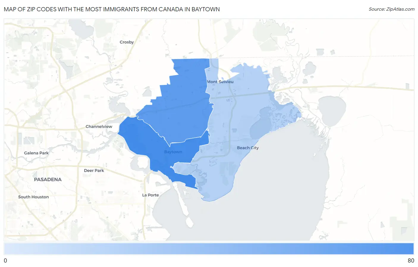Zip Codes with the Most Immigrants from Canada in Baytown Map