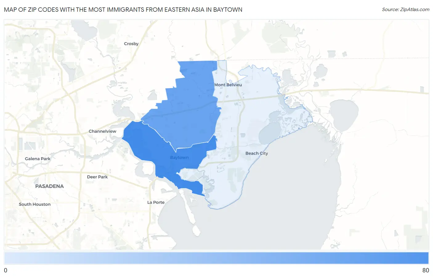 Zip Codes with the Most Immigrants from Eastern Asia in Baytown Map