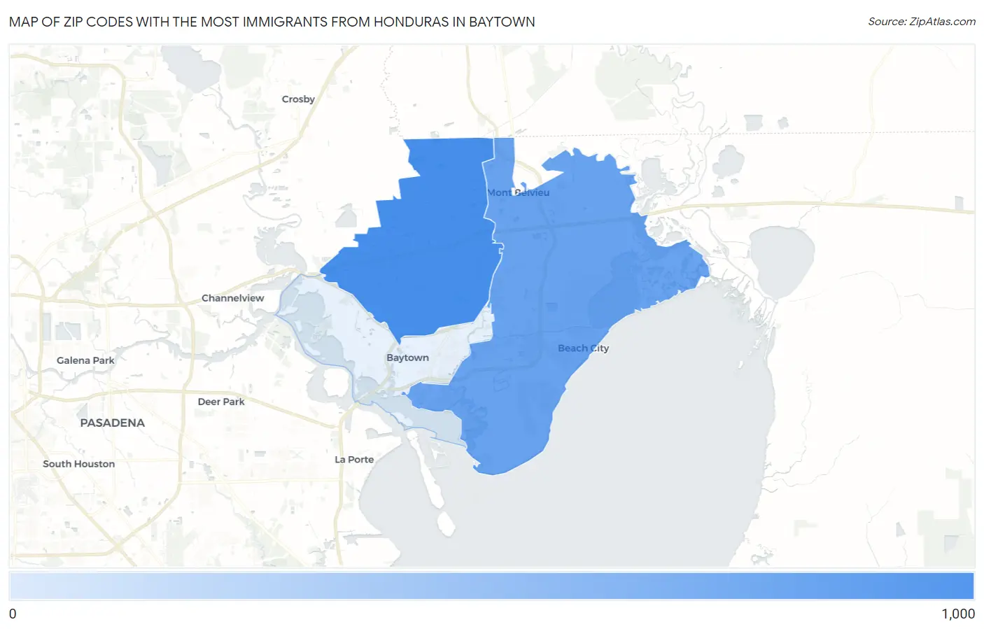 Zip Codes with the Most Immigrants from Honduras in Baytown Map