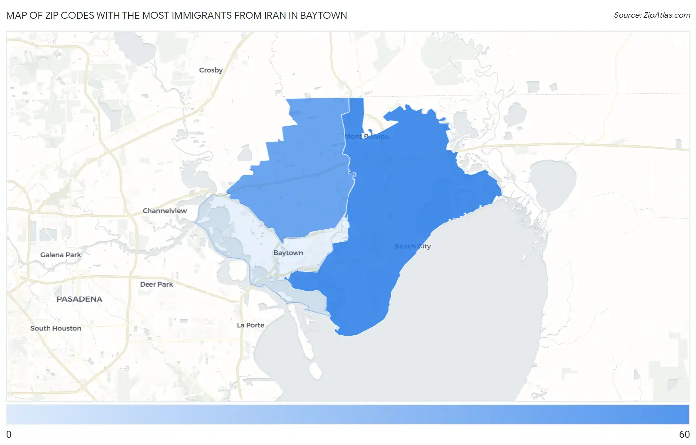 Zip Codes with the Most Immigrants from Iran in Baytown Map