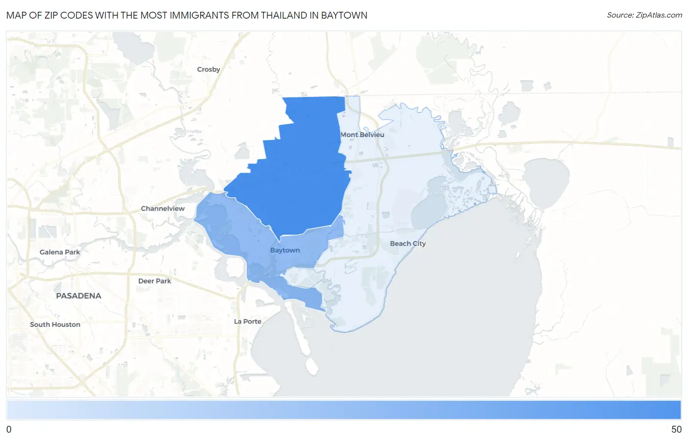 Zip Codes with the Most Immigrants from Thailand in Baytown Map