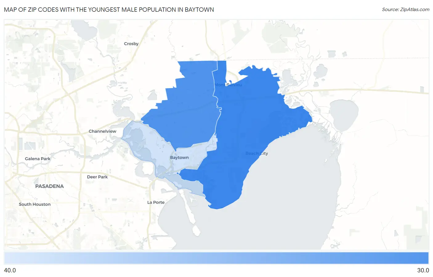 Zip Codes with the Youngest Male Population in Baytown Map