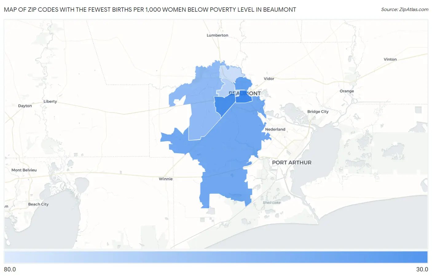 Zip Codes with the Fewest Births per 1,000 Women Below Poverty Level in Beaumont Map