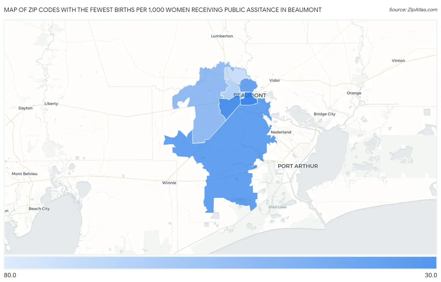 Zip Codes with the Fewest Births per 1,000 Women Receiving Public Assitance in Beaumont Map