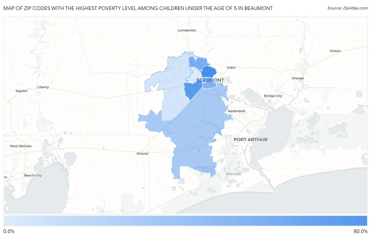 Zip Codes with the Highest Poverty Level Among Children Under the Age of 5 in Beaumont Map