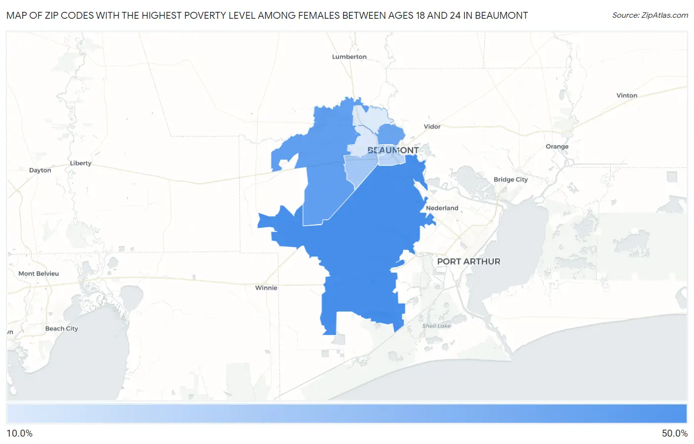 Zip Codes with the Highest Poverty Level Among Females Between Ages 18 and 24 in Beaumont Map