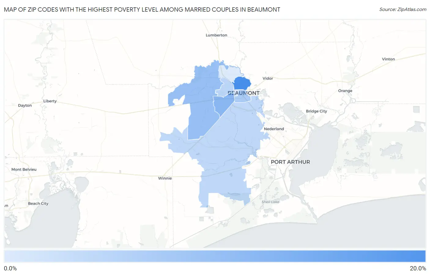 Zip Codes with the Highest Poverty Level Among Married Couples in Beaumont Map