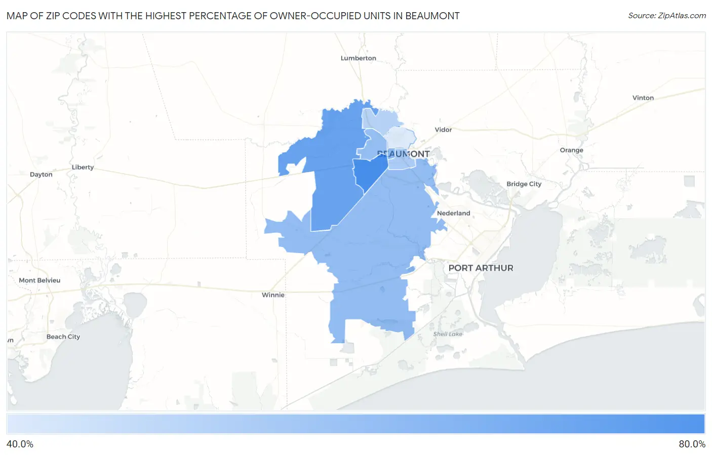 Zip Codes with the Highest Percentage of Owner-Occupied Units in Beaumont Map