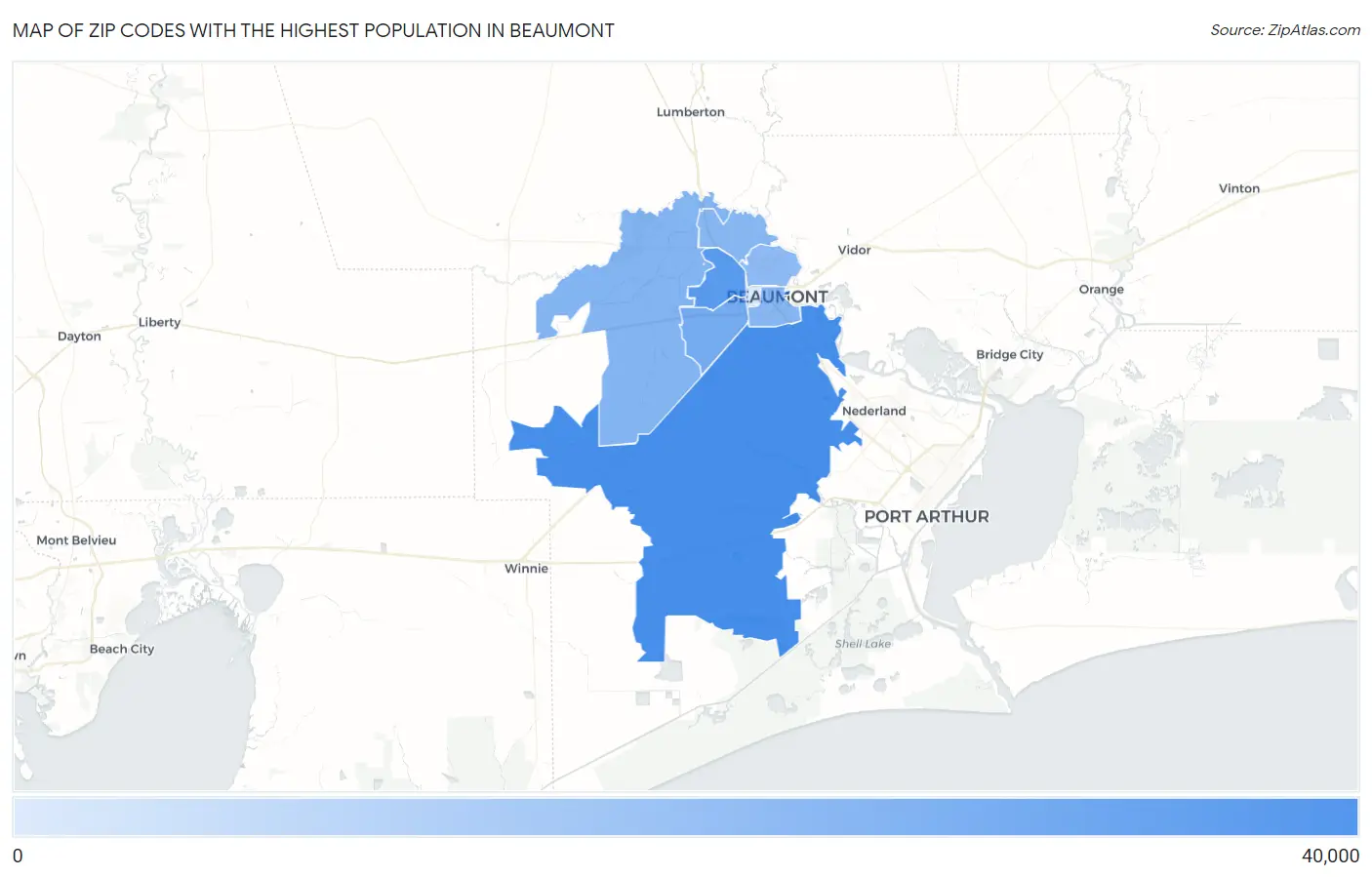 Zip Codes with the Highest Population in Beaumont Map