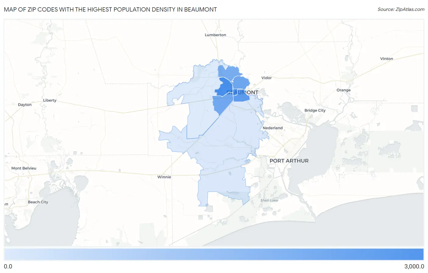 Zip Codes with the Highest Population Density in Beaumont Map