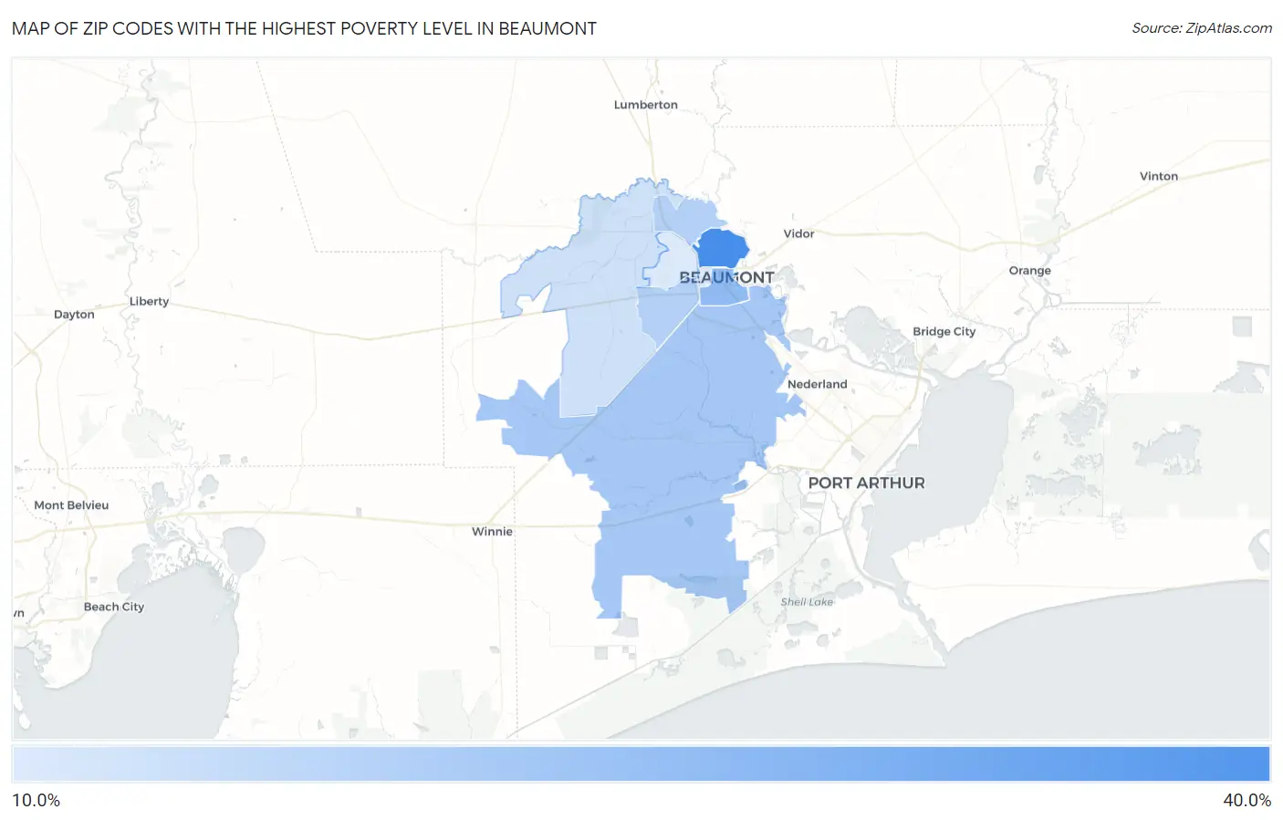 Zip Codes with the Highest Poverty Level in Beaumont Map