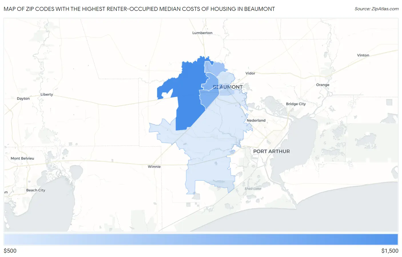 Zip Codes with the Highest Renter-Occupied Median Costs of Housing in Beaumont Map