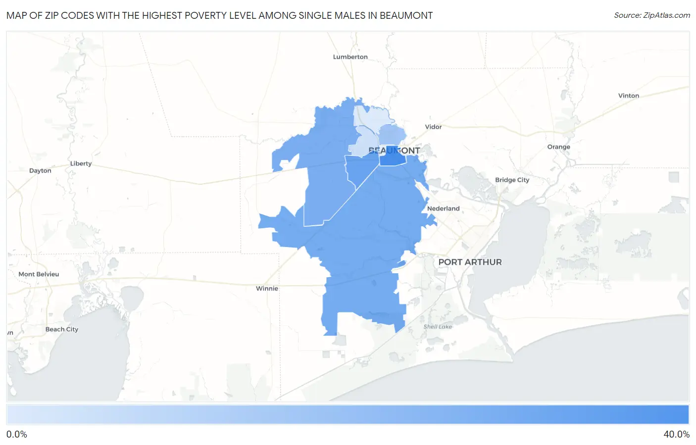 Zip Codes with the Highest Poverty Level Among Single Males in Beaumont Map