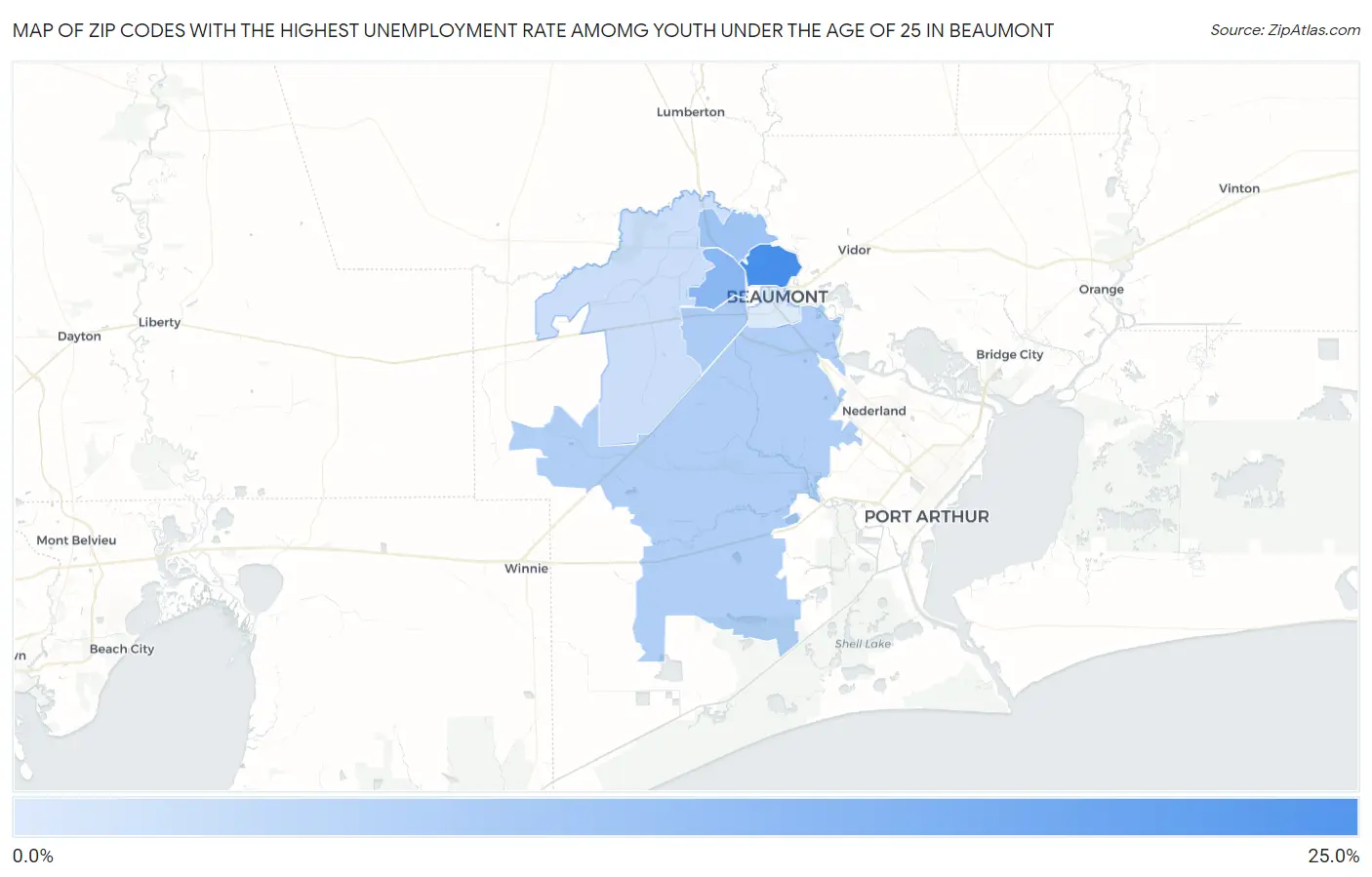 Zip Codes with the Highest Unemployment Rate Amomg Youth Under the Age of 25 in Beaumont Map