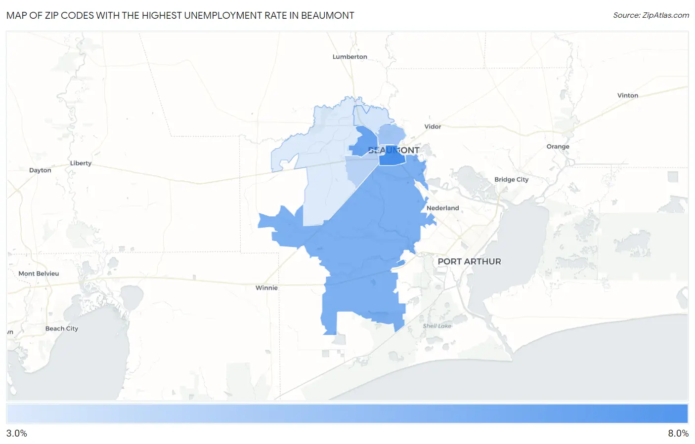 Zip Codes with the Highest Unemployment Rate in Beaumont Map