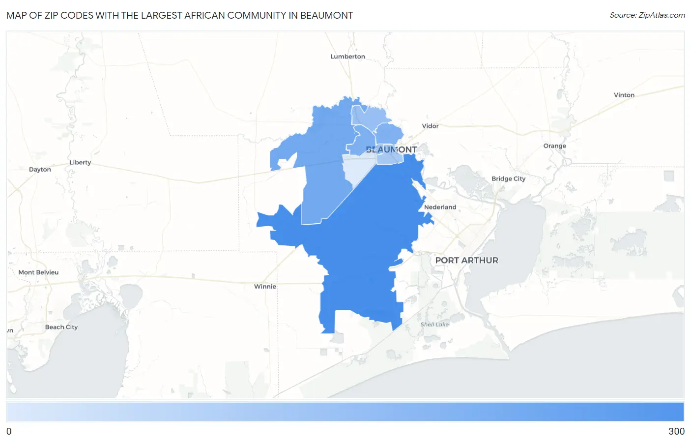 Zip Codes with the Largest African Community in Beaumont Map