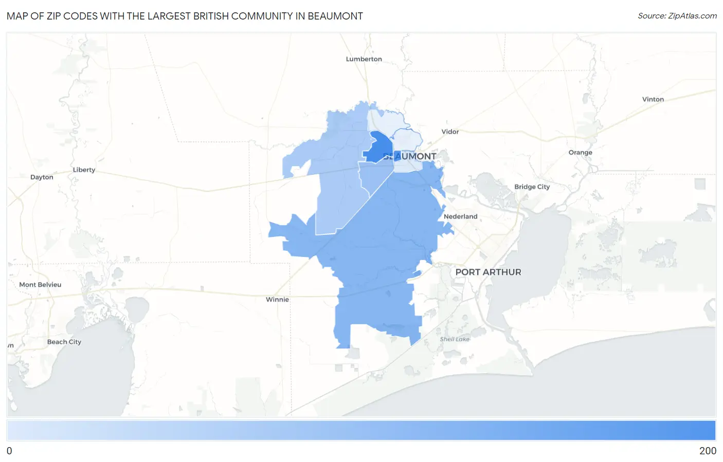 Zip Codes with the Largest British Community in Beaumont Map