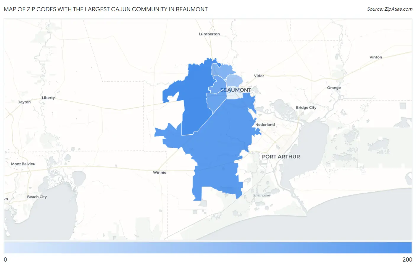 Zip Codes with the Largest Cajun Community in Beaumont Map