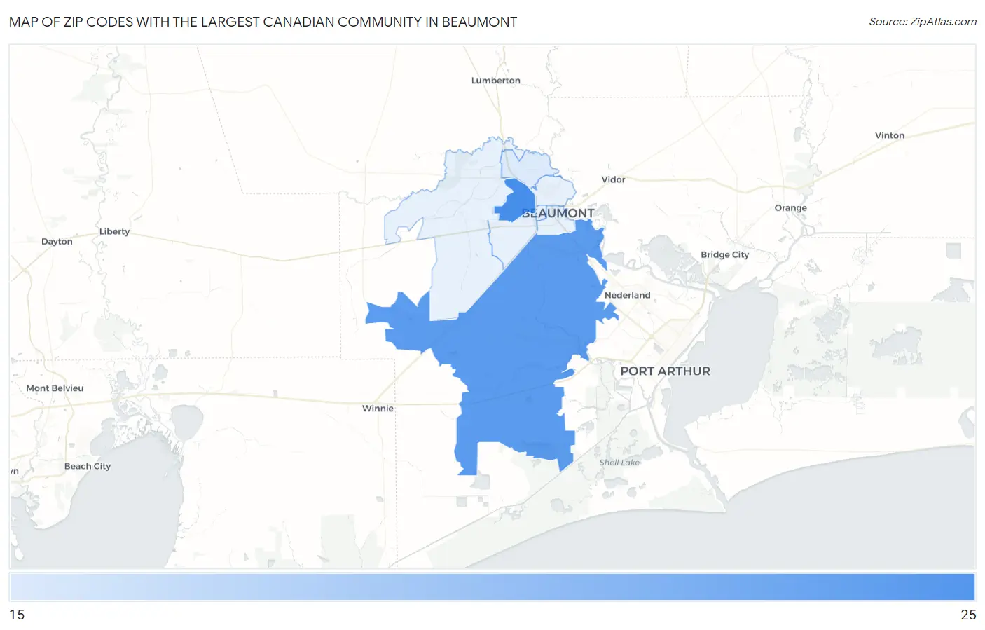 Zip Codes with the Largest Canadian Community in Beaumont Map