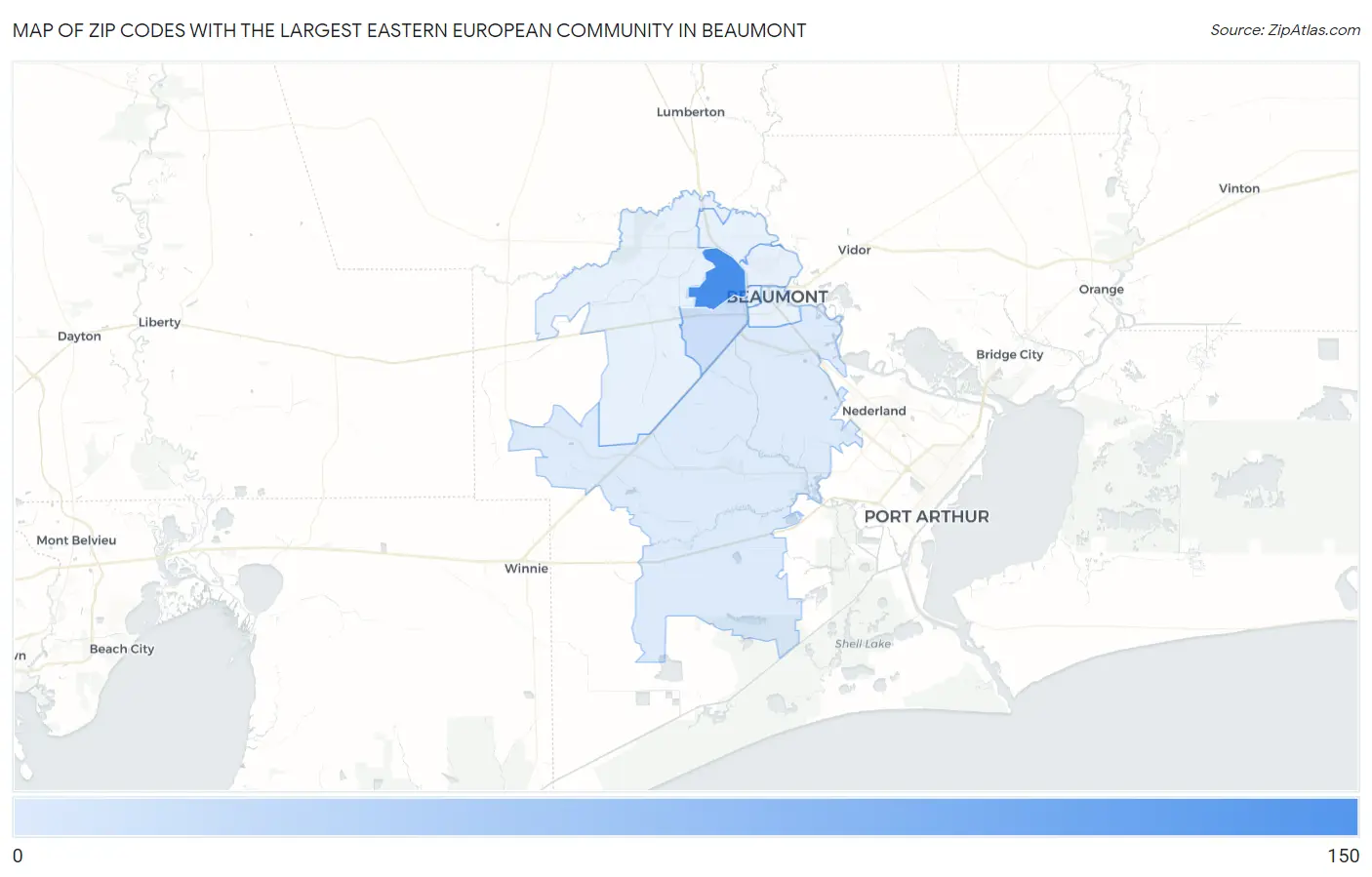 Zip Codes with the Largest Eastern European Community in Beaumont Map