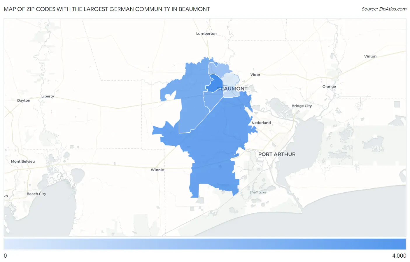 Zip Codes with the Largest German Community in Beaumont Map