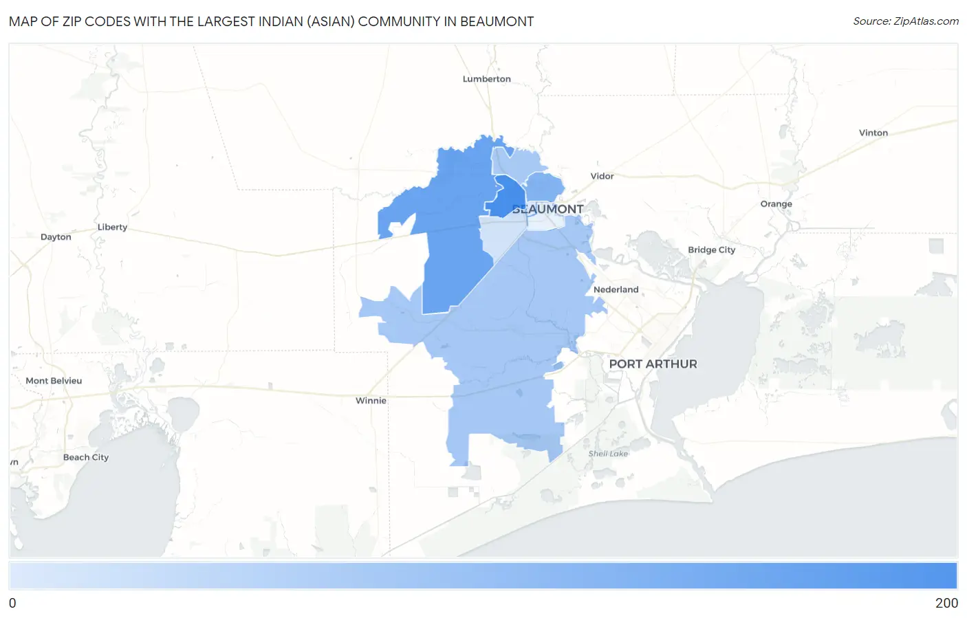 Zip Codes with the Largest Indian (Asian) Community in Beaumont Map