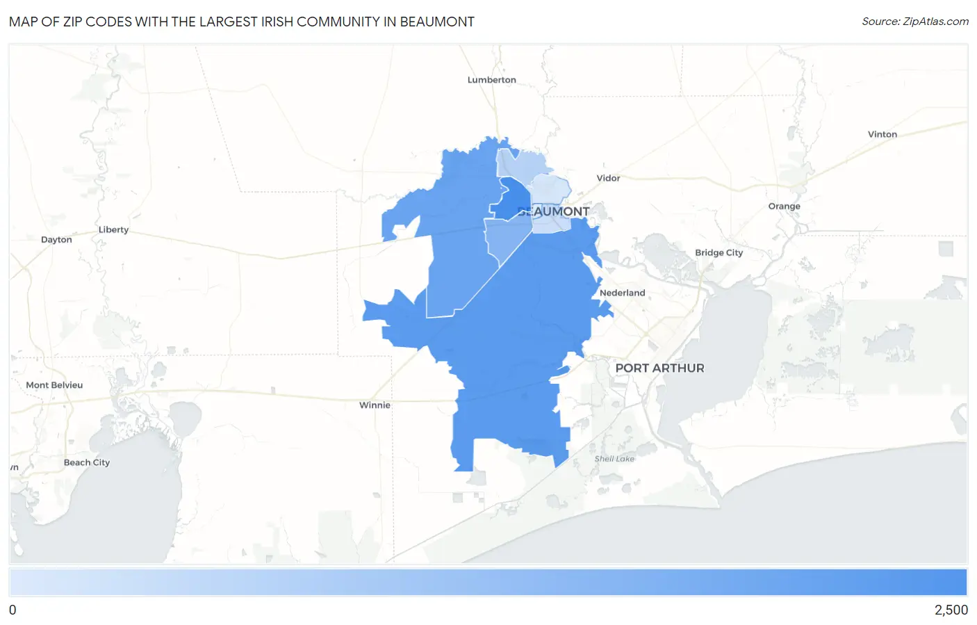 Zip Codes with the Largest Irish Community in Beaumont Map